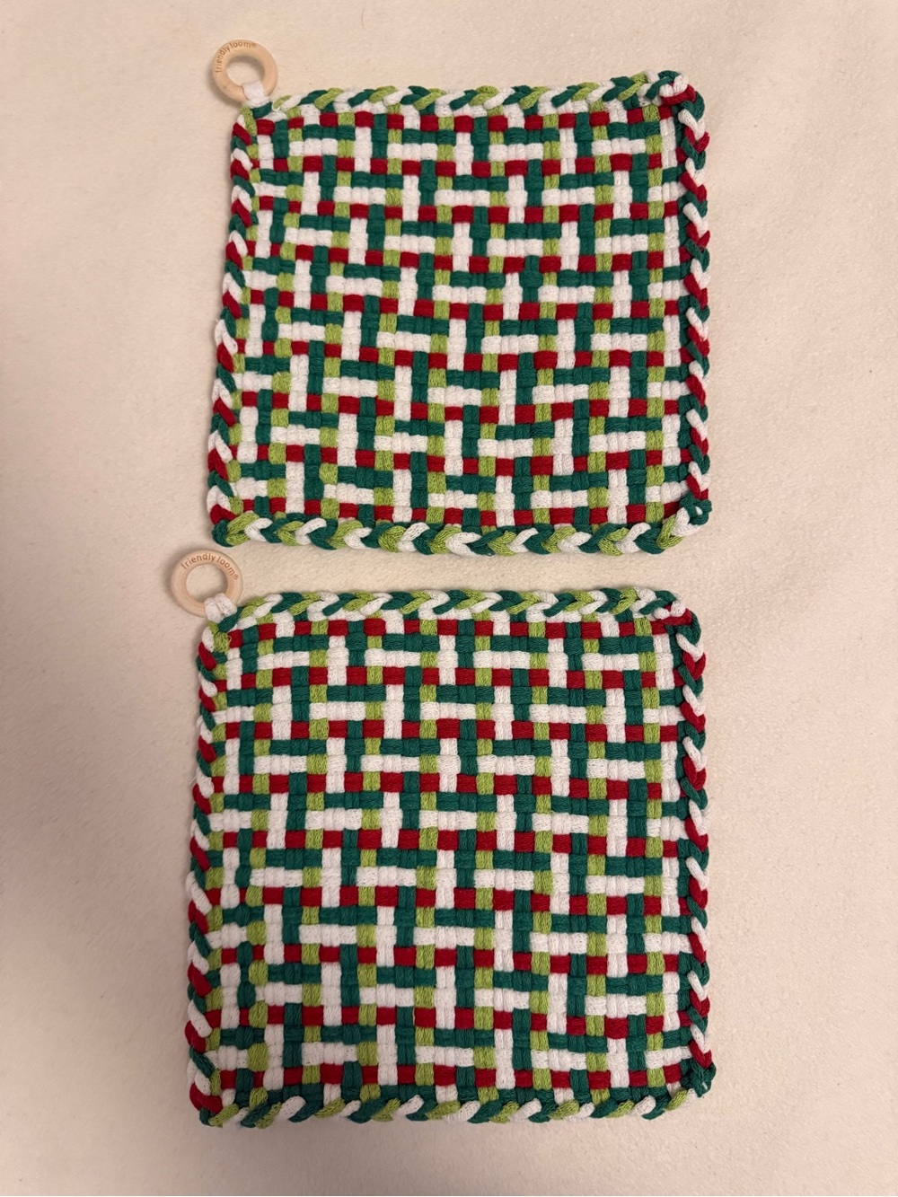 Handwoven Holiday Pot Holders - Red, Green & White (Pair)